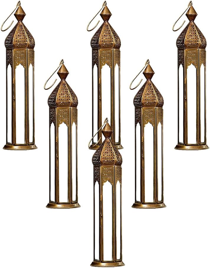 Serene Spaces Living Antique Golden Bronze Metal Lantern, Clear Glass Paneled Tealight Holder, Vintage Decorative Lantern for Dining Table, Wedding, Holiday, Event, Pack of 6