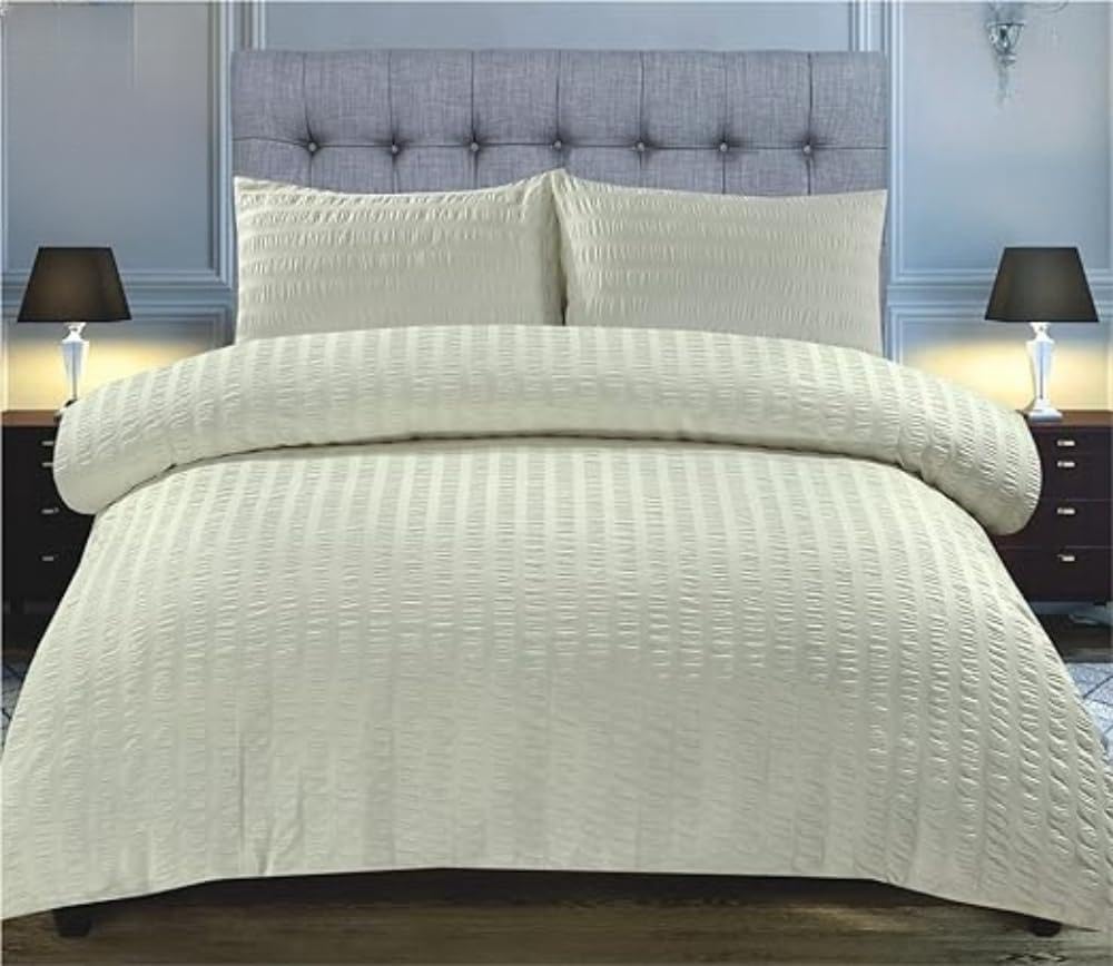 Northern Luxe Seersucker Duvet Cover Sets Luxury Natural Microfiber Soft Cosy Easy Care Quilt Bedding Set with Pillowcases (Double, Cream)
