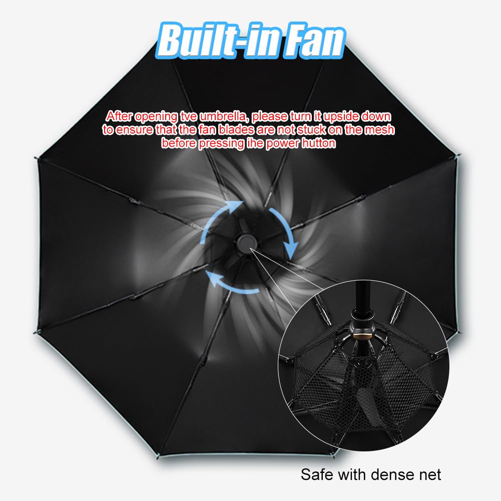 WOOLALA Paraguas UV para sol y lluvia con ventilador de refrigeración integrado, diseño plegable portátil, protección UPF 50+, recargable por USB para juegos deportivos, parques temáticos en días