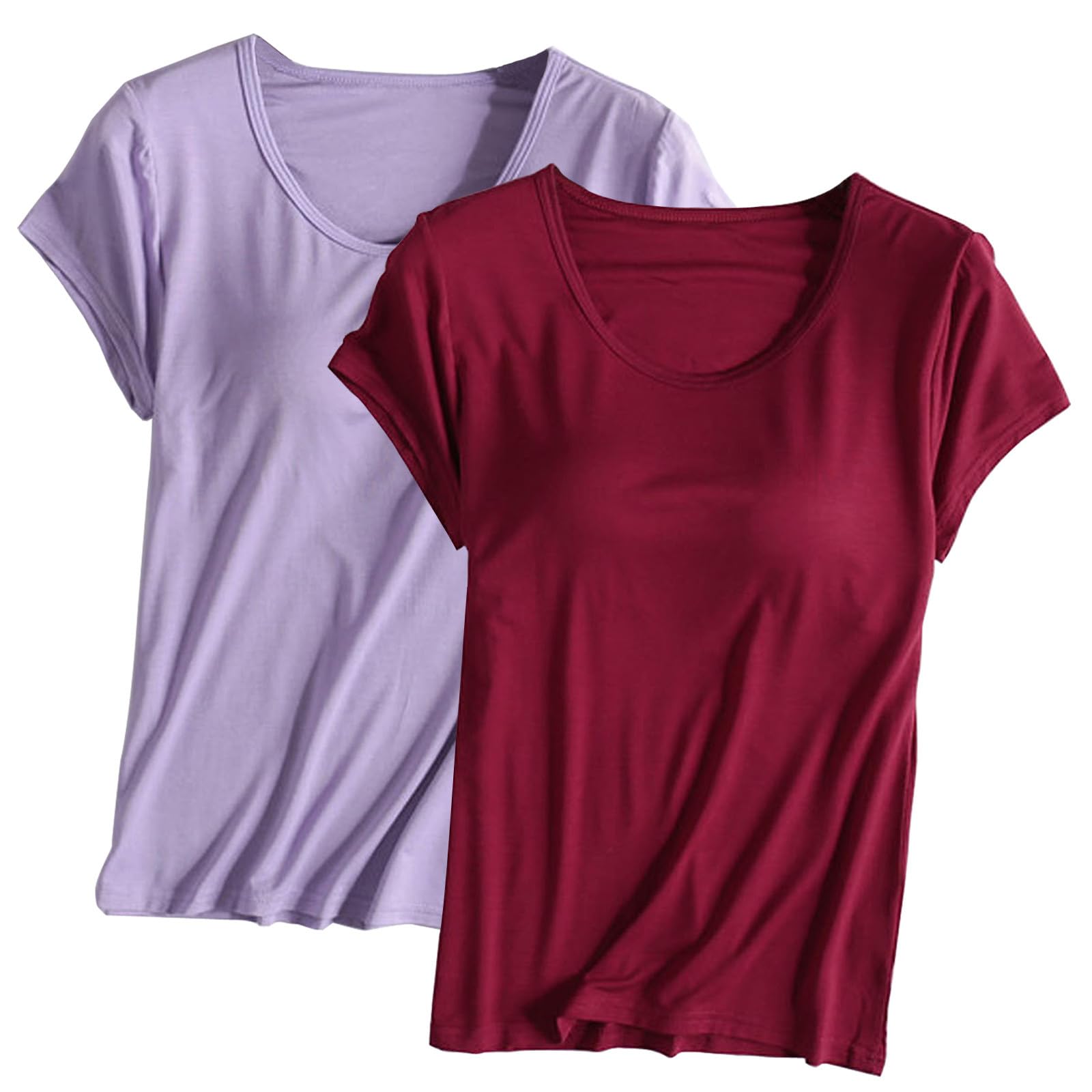 Keepink Integriertes BH-Top, Übergröße, Multipack, einfarbig, Rundhalsausschnitt, kurze Ärmel, T-Shirt, Fitnessstudio, Basic, athletisch, Lounge, Homewear bequem, weich, Pyjama, S-4XL, 2 Stück