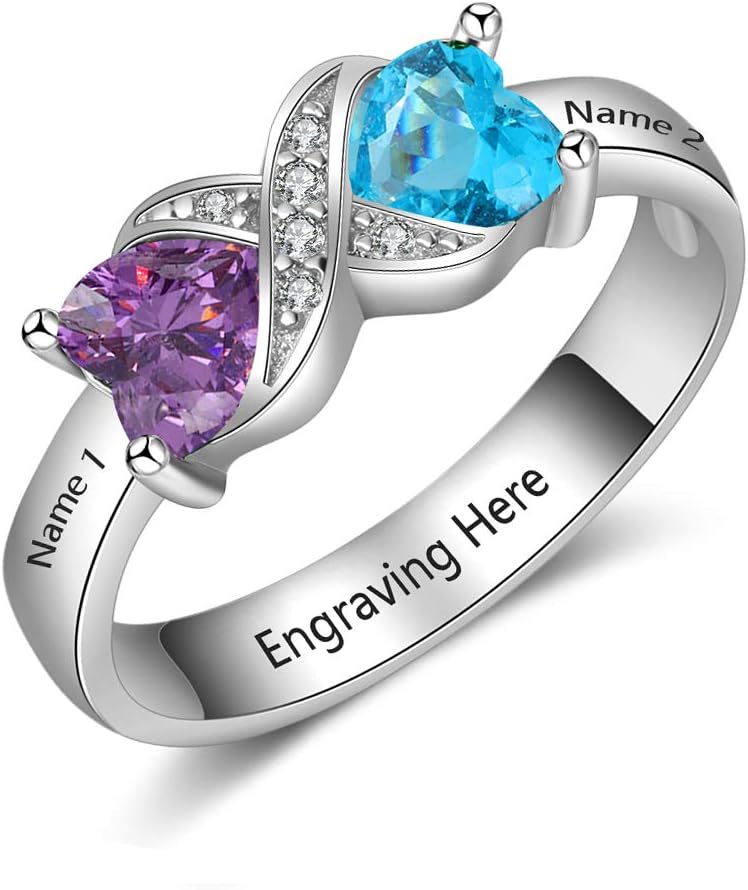 Customized 2 Heart Simulated Birthstone Mothers Ring Engraved 2 Names Personalized Promise Ring for Women (8)