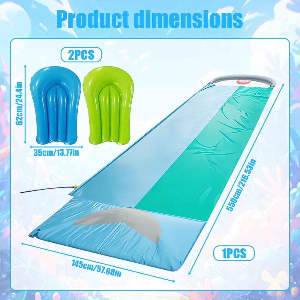 Aufblasbare Wasserrutsche Garten 550x145cm mit 2 Bodyboards Doppelte Wasserrutsche Eingebautem Sprinkler Hai-Stil