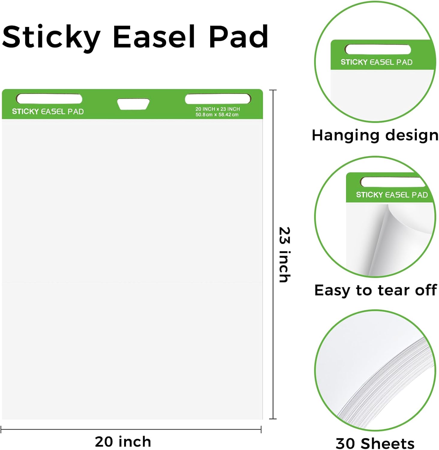 Sticky Easel Pads 20 x 23 Inches, 3 Pack Anchor Chart Paper for Teachers, Self Stick Flip Chart Paper with Sticky Back for Classroom, Office, 30 Sheets/Pad (White)