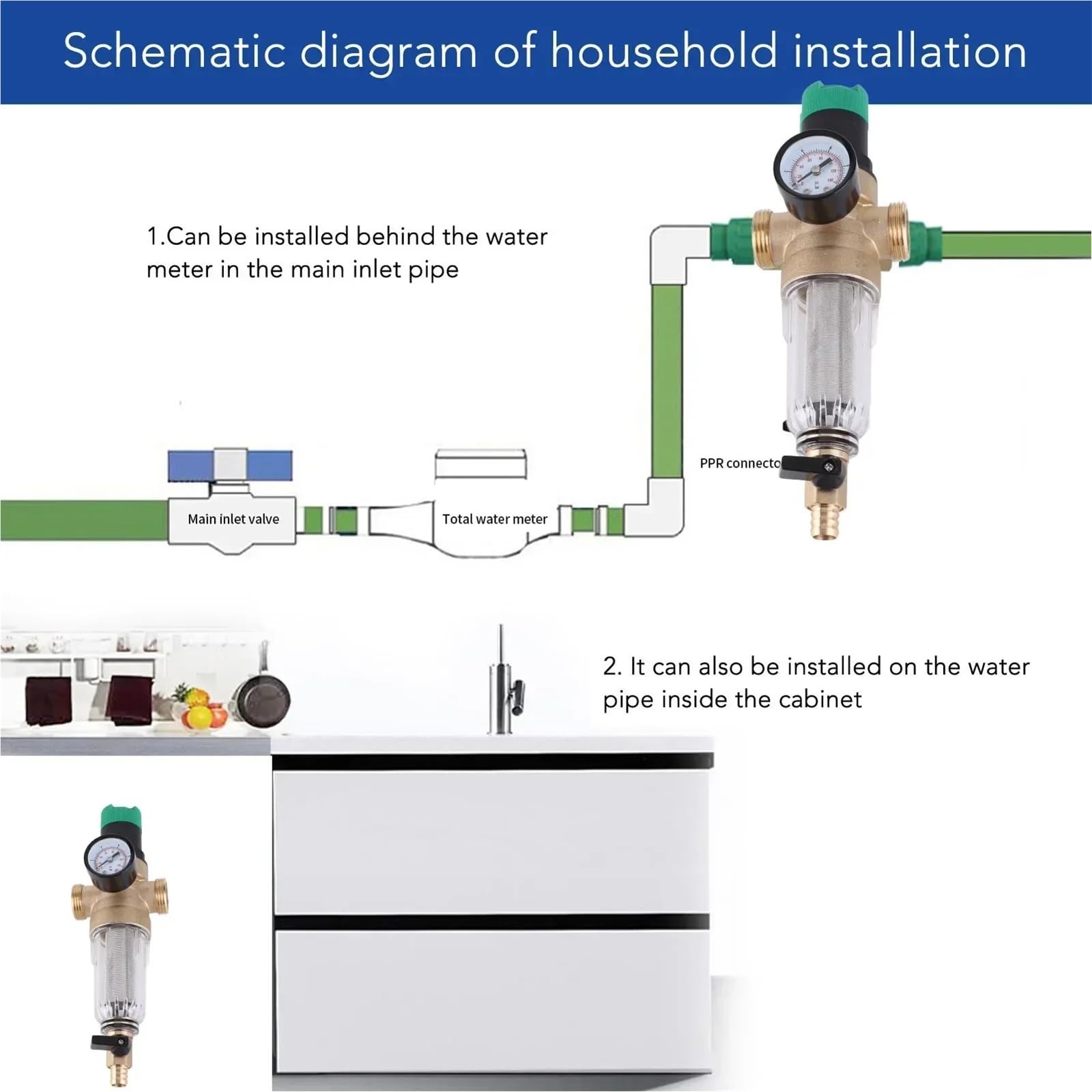 Válvula reguladora de presión de Agua, Filtro de Acero Inoxidable de latón, Reductor de presión de Agua con manómetro, Adaptador de 3/4 Pulgadas for casa RV