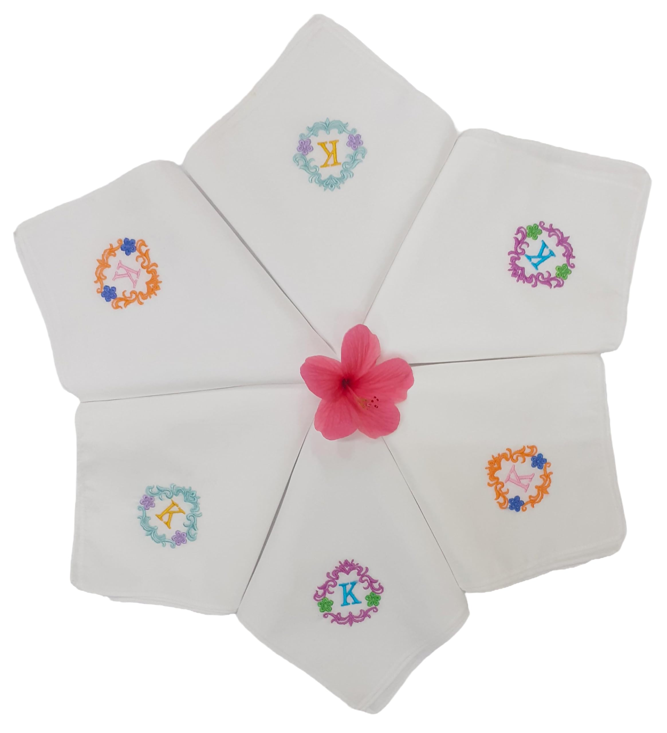 Concerto 100% Cotton (Compact Yarn) Multicolor Initial Embroidery Handkerchief For Women (Size: - 33 cms * 33 cms) (Pack of 6)- Rohira - (A-Z) - Gift Pack