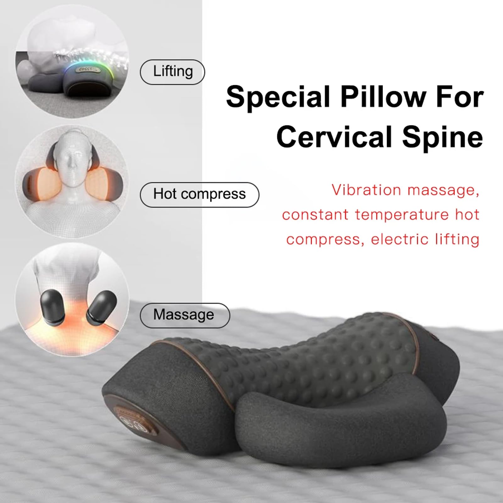 Cojín Cervical con Calor y Masaje 3 en 1, Tracción Cervical 26°, Alivio del Dolor de Cuello y Hombros, Gris