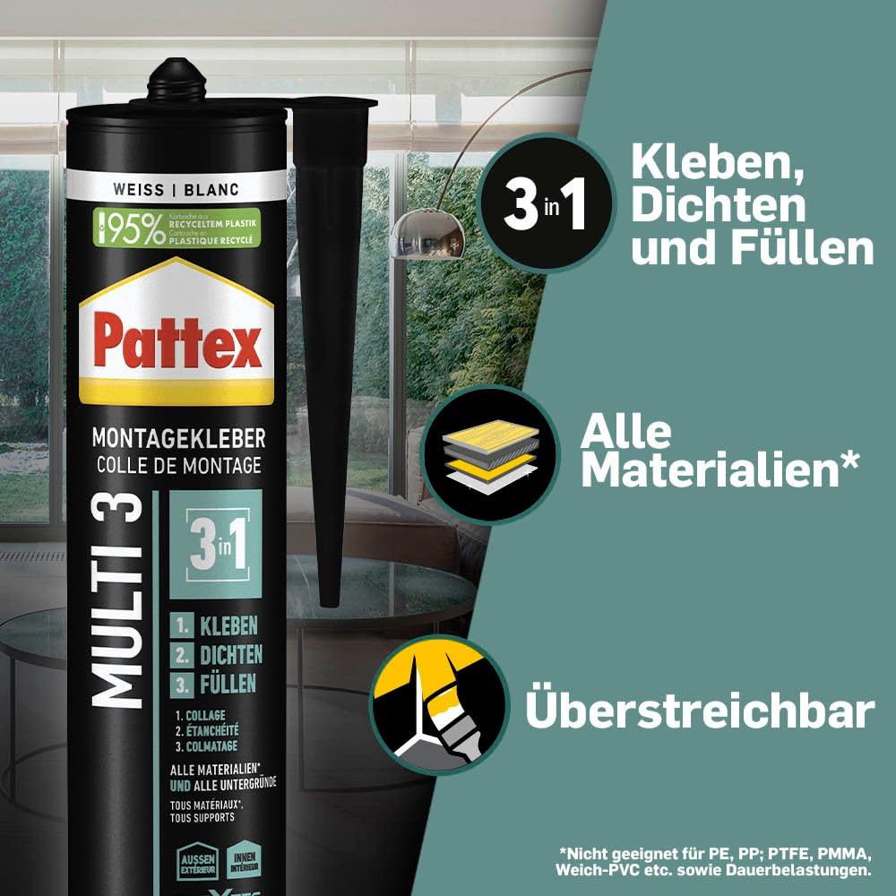 Pattex Montage Multi 3, 3in1 Montagekleber, starker Kraftkleber für fast alle Materialien*, wetterbeständiger Baukleber für innen und außen**, weiß, 12x390g Kartusche