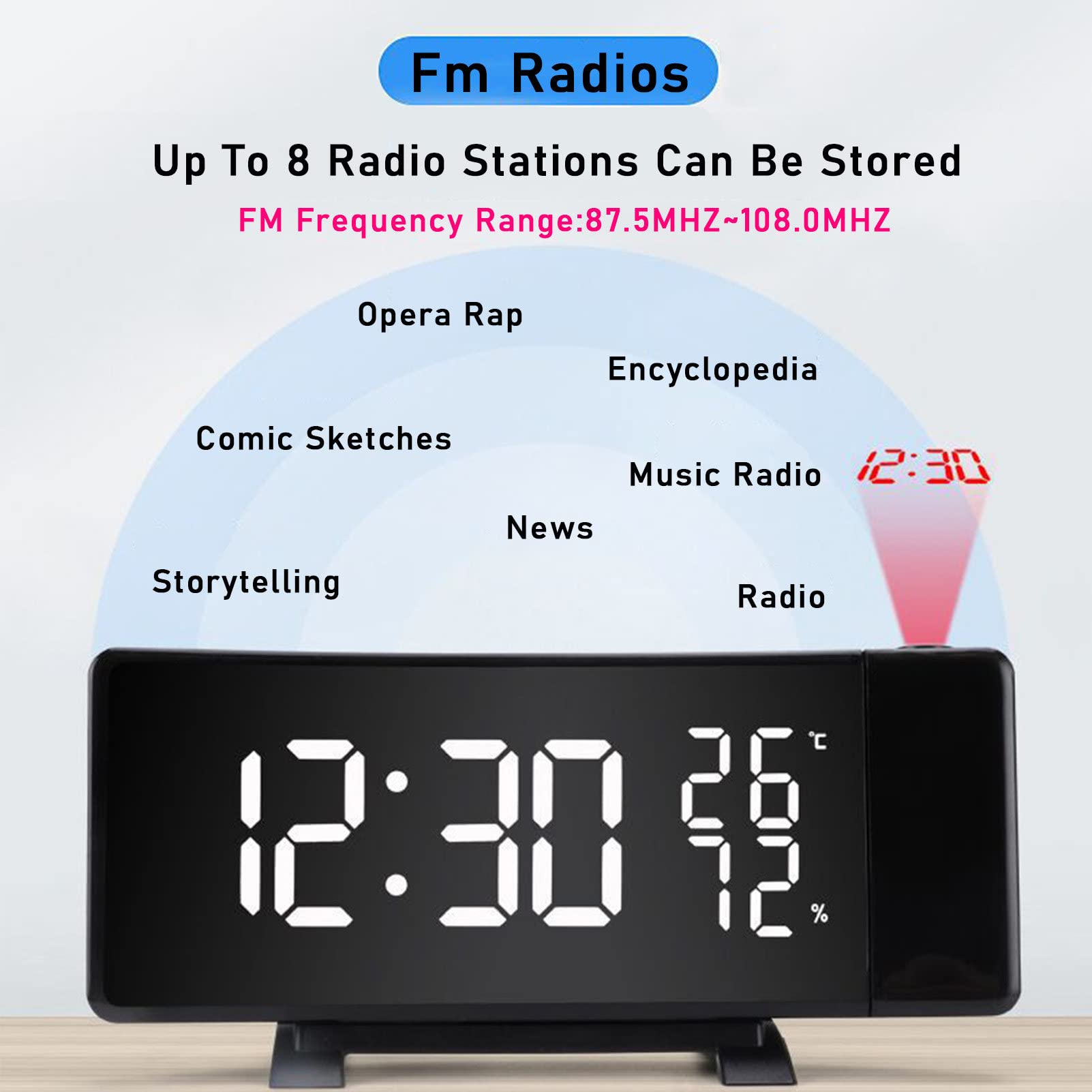 RayGenius Despertador De ProyeccióN Digital con Radio FM, Proyector De 180°, Gran Pantalla De Espejo Led De 7'', AtenuacióN AutomáTica, con Cargador USB para MóVil, NiñOs (Negro)