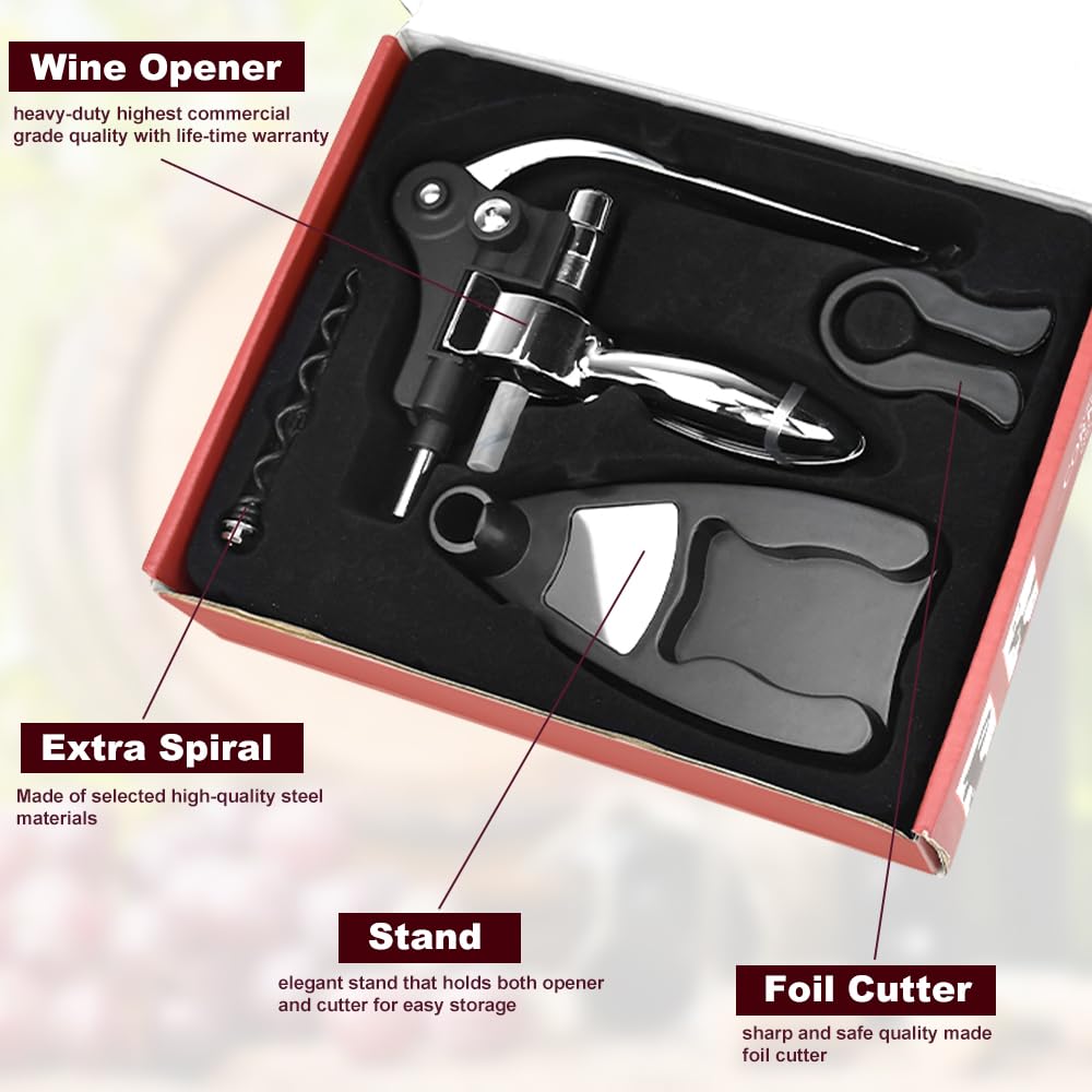 Apribottiglie per Vino Manuale,Cavatappi Manuale a Leva 4 In 1 Set,Cavatappi Professionale,Apribottiglie Manuale Strumento di Apertura Rapida del Vino per Versatore di Vino