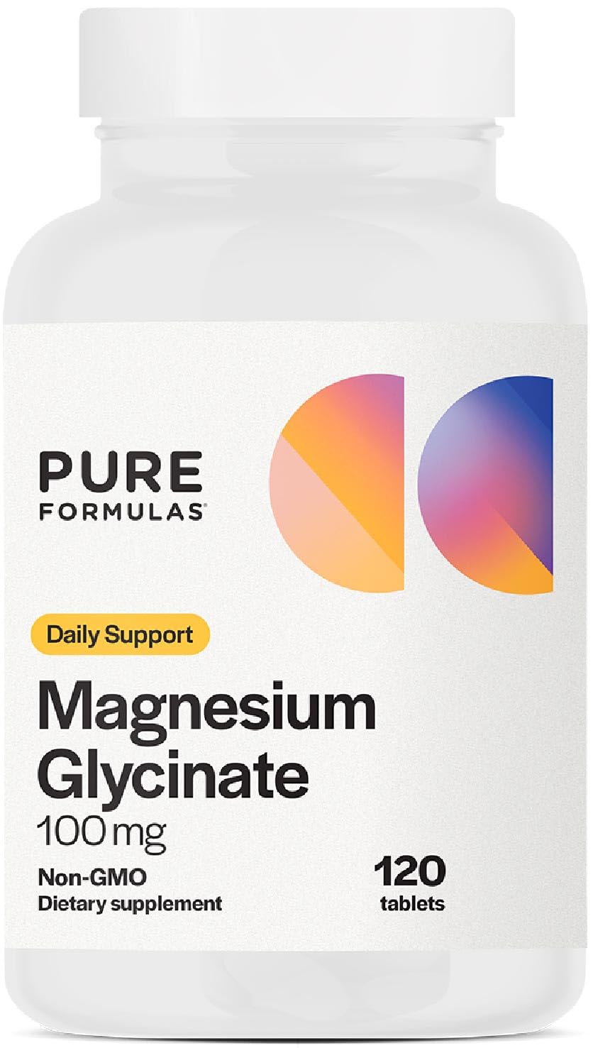PureFormulas Magnesium Glycinate 100 mg Daily Support for Stress, Nerves, Sleep, Muscles, Metabolism Pure Magnesium Glycinate Supplement for Women and Men Magnesio Non-GMO 120 Tablets 120 Count (Pack of 1)
