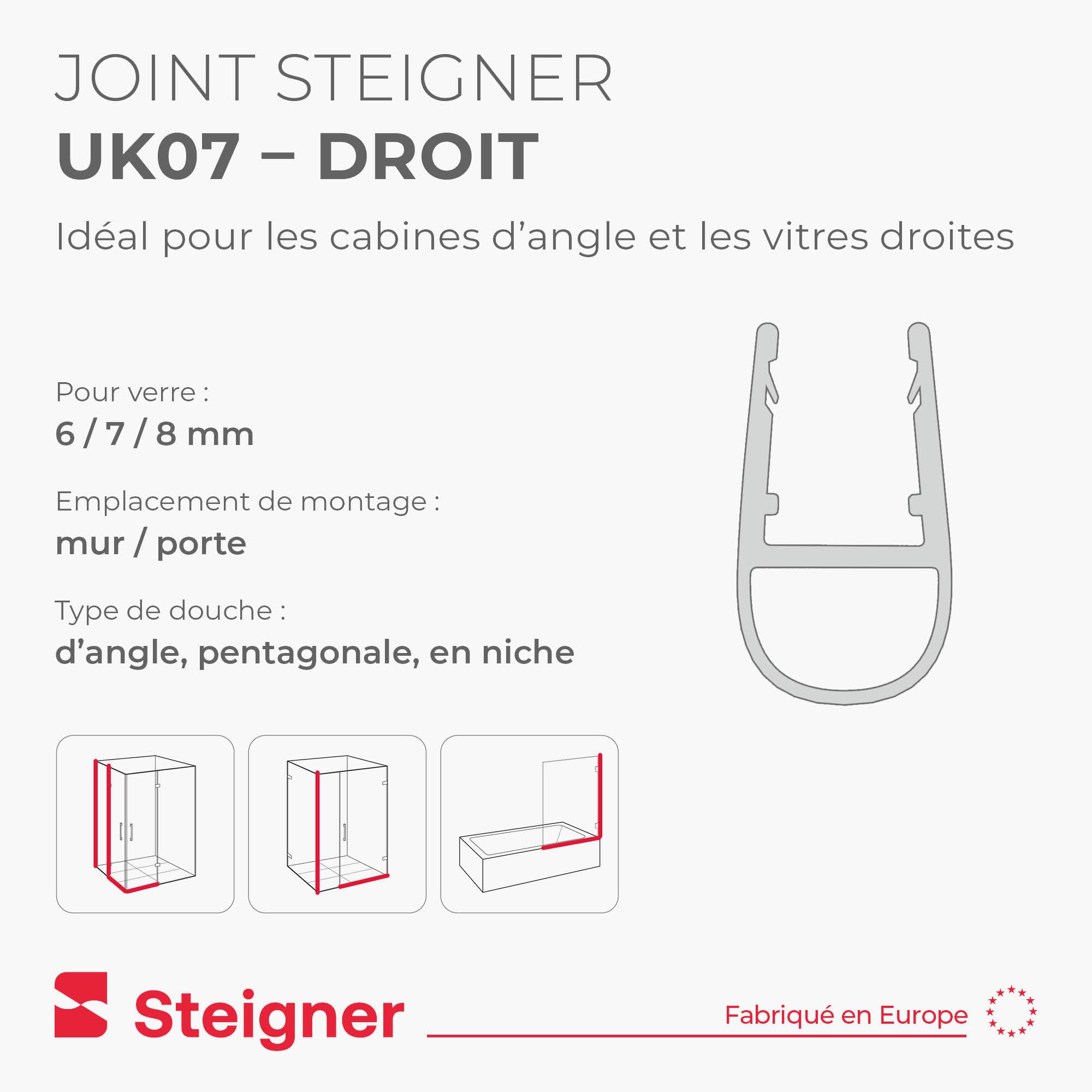 STEIGNER Joint porte de douche UK07 200 cm (1 pc.) transparent - Joint vertical pour douche à accès d'angle ou pentagonale avec porte 6-8 mm - Étanchéité, Ajustement parfait, Design discret