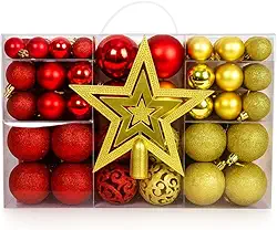 Kit 100 Bolas de Natal Mista Lisas Glitter Vermelho e Dourado Decoração Enfeite Árvore de Natal com Ponteira LuvinCo