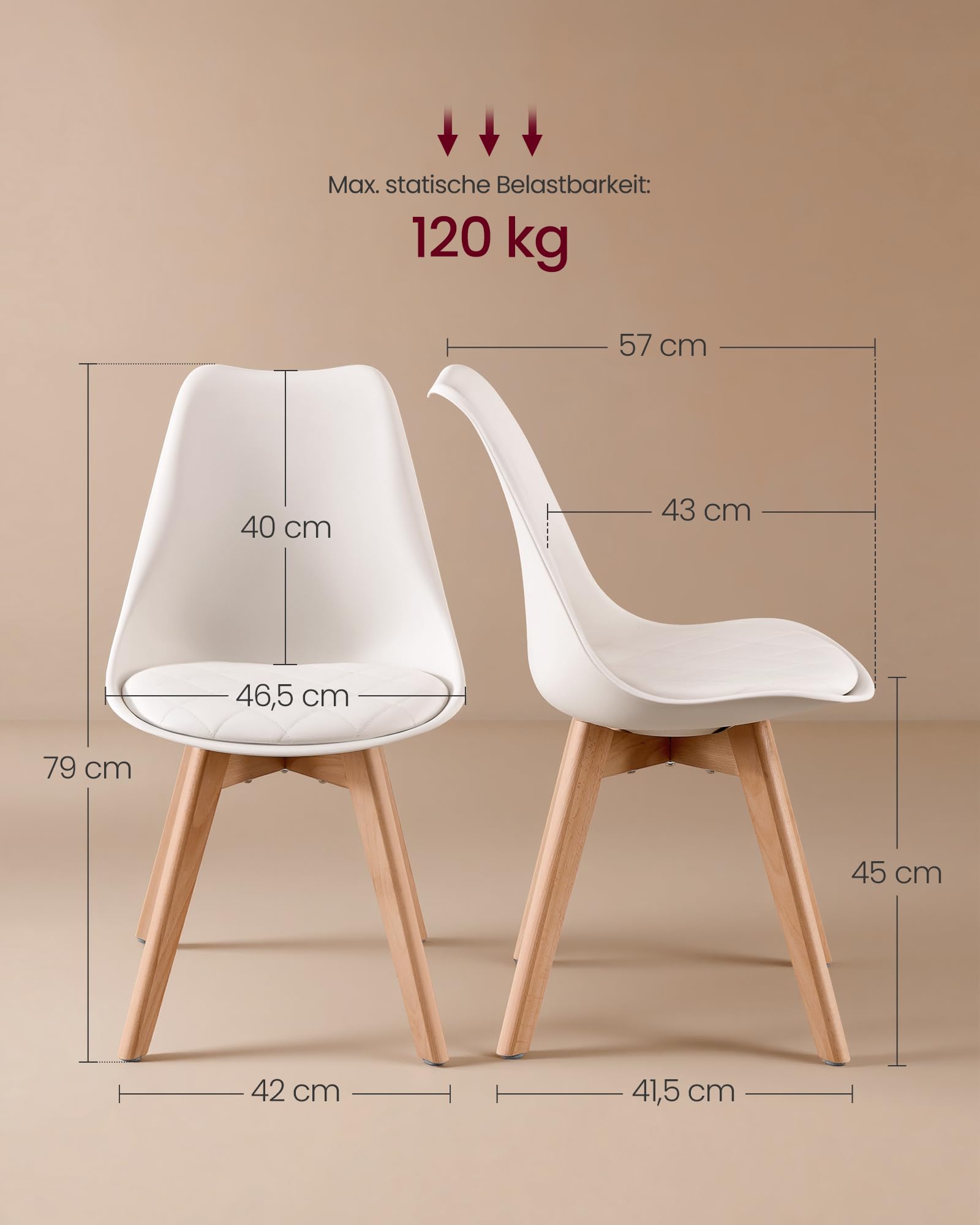 VASAGLE Esszimmerstühle aus PU-Leder und Buchenholz, Gepolsterte Küchenstühle, 2er Set, 46,5 x 57 x 79 cm, Hellwarmweiß, für Esszimmer und Büro, Lenna Kollektion KDC988WD01