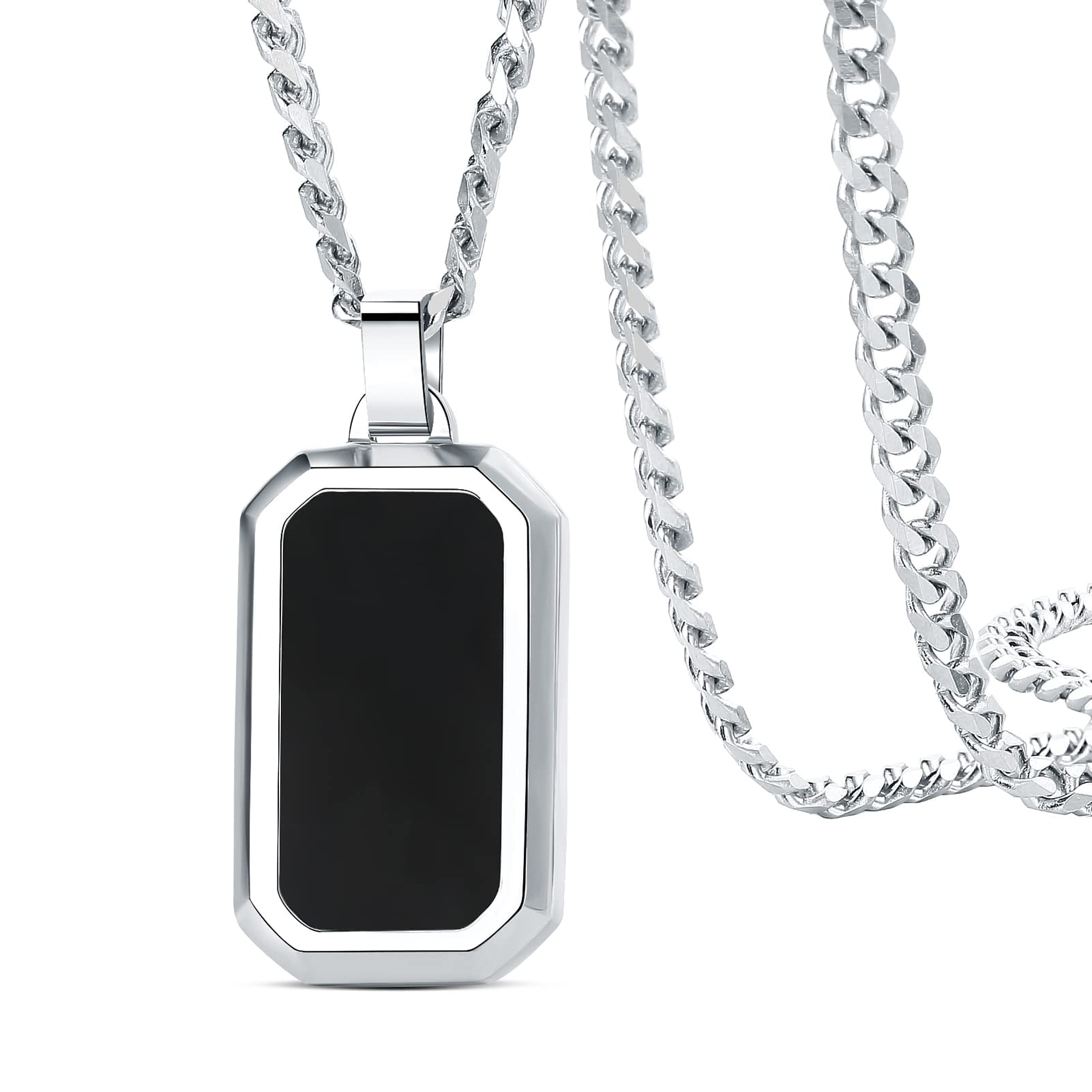 Agate Pendant for Men - Stainless Steel Dog Tag Necklace Black Agate Pendant， 2mm Width Box Chain & 3mm Cuban Link, 25.6 inch Length, Natural Agate Fashion Jewelry for Men Gifts for Him