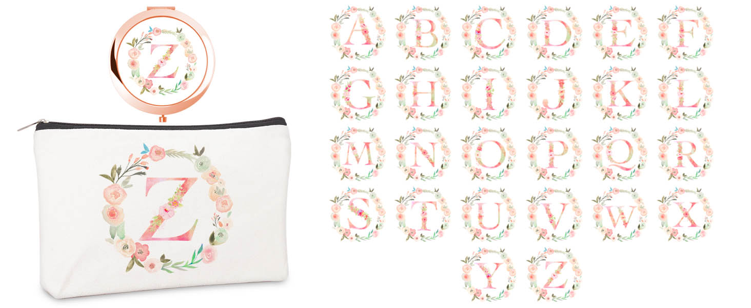 Personalized Gift Initial Compact Mirror w Makeup Bag for Women Sister Daughter Mom Wife, Floral Monogram Alphabet Small Mirror Ideal Gift on Birthday, Christmas, Graduation (J + Bag, ROSE GOLD)