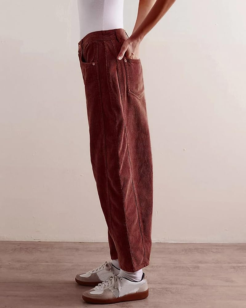 YEXPINE Women's Corduroy Pants Mide-Rise Barrel Wide Leg