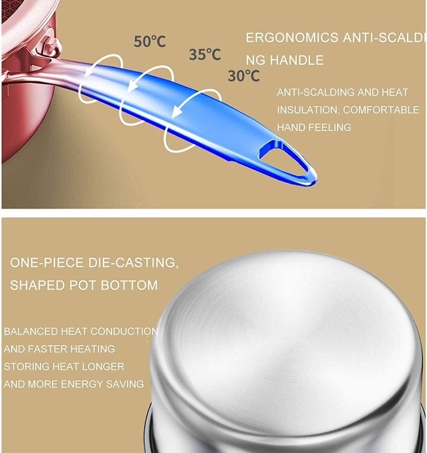 Padella antiaderente in acciaio inox con coperchio, manico ergonomico per salse, stufati e uso quotidiano in cucina