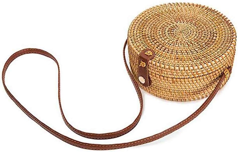 Handwoven Round Rattan Bag Shoulder Leather Straps for Women