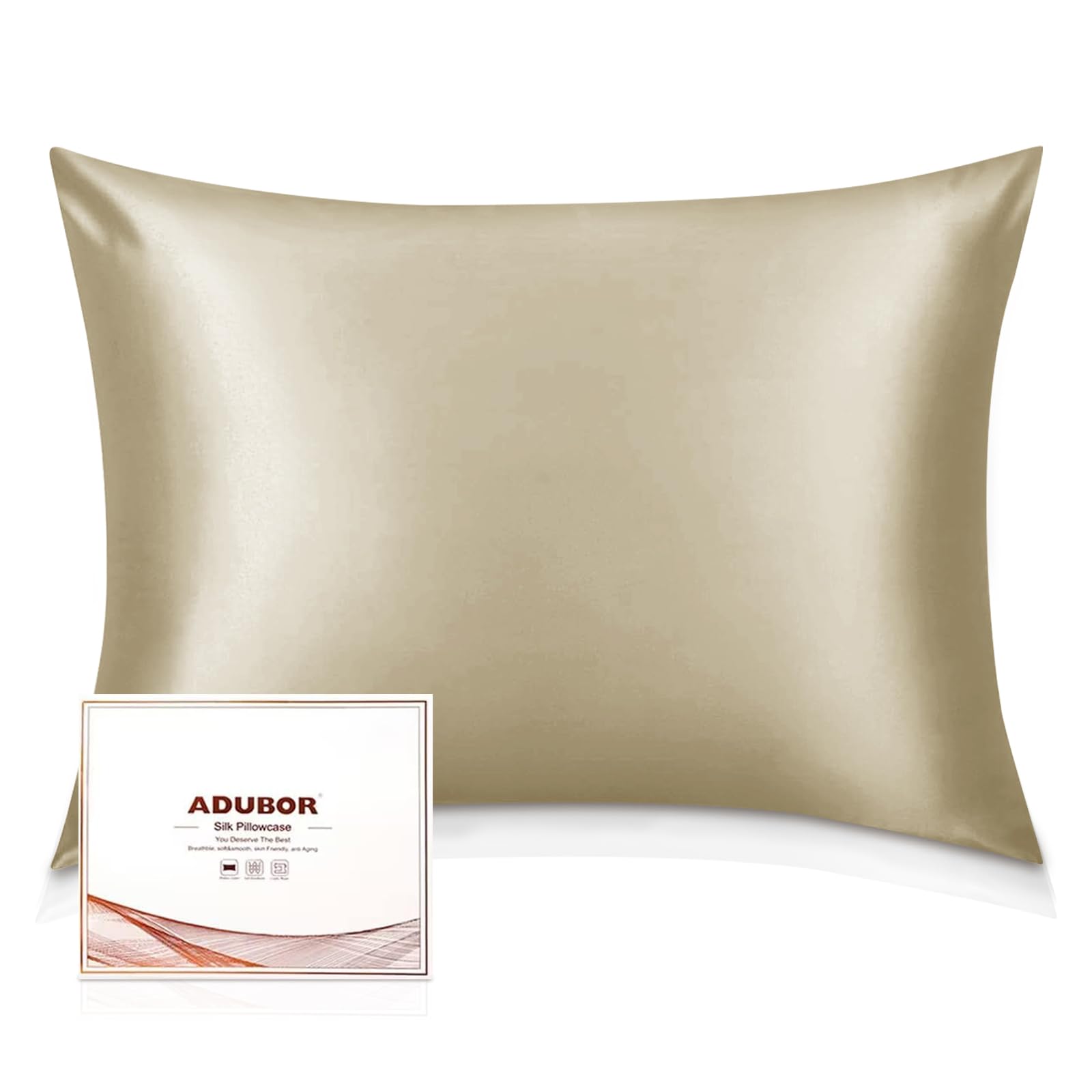 Adubor 100% Seidenkissenbezug 40x80cm für Haar und Haut, mit verstecktem Reißverschluss, beide Seiten, 23 Momme Seide, Fadenzahl 900 (Taupe, 2 Stück)