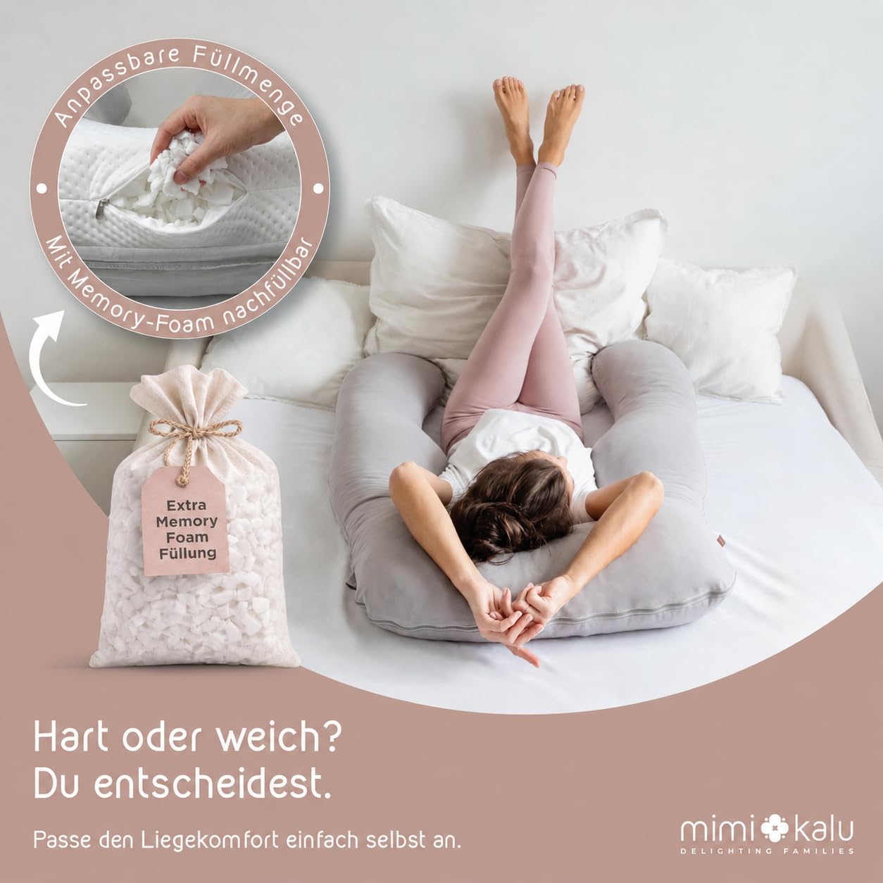 mimi kalu® Seitenschläferkissen mit Memory Foam Füllung Individuell Anpassbar, Inkl. 100% Soft Cotton Bezug & Schlafmaske, Schwangerschaftskissen, Stillkissen, Kuschelkissen für Seitenschläfer