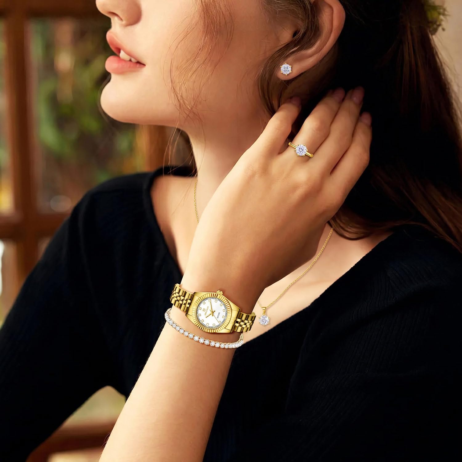 Timever Damen-Armbanduhr-Set, 18 Karat vergoldet, Armreif, Armband, Ring für Frauen, zierliche Damen-Armbanduhr, wasserdicht, analoge Uhr mit leuchtend, Valentinstag, Jahrestag, Geburtstag, Geschenke