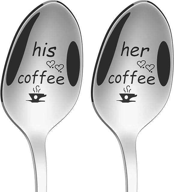 Vinsani 2 Pieces Coffee Engraved Spoons His & Hers Couple Gift Idea Anniversary Wedding Valentines Wife Husband Boyfriend Girlfriend Engagement Stainless Steel Coffee Tea Dessert Silverware