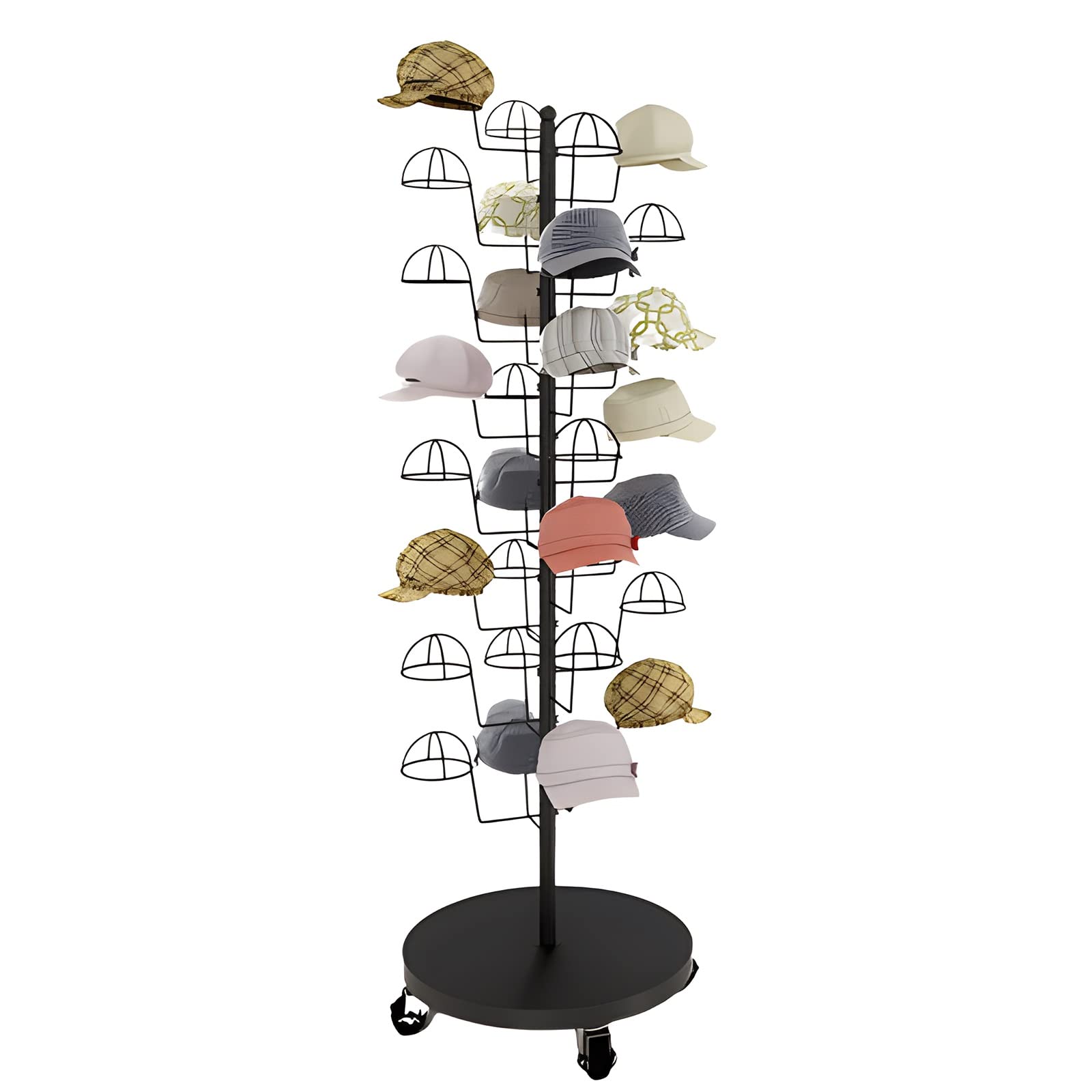 YNBSHGAA Hat Organizer Rack with Wheels, Multi-Layer Display Stand for Cowboy Hats and Wigs, Commercial Hat Tree Shelf,Black-Place 30 hats