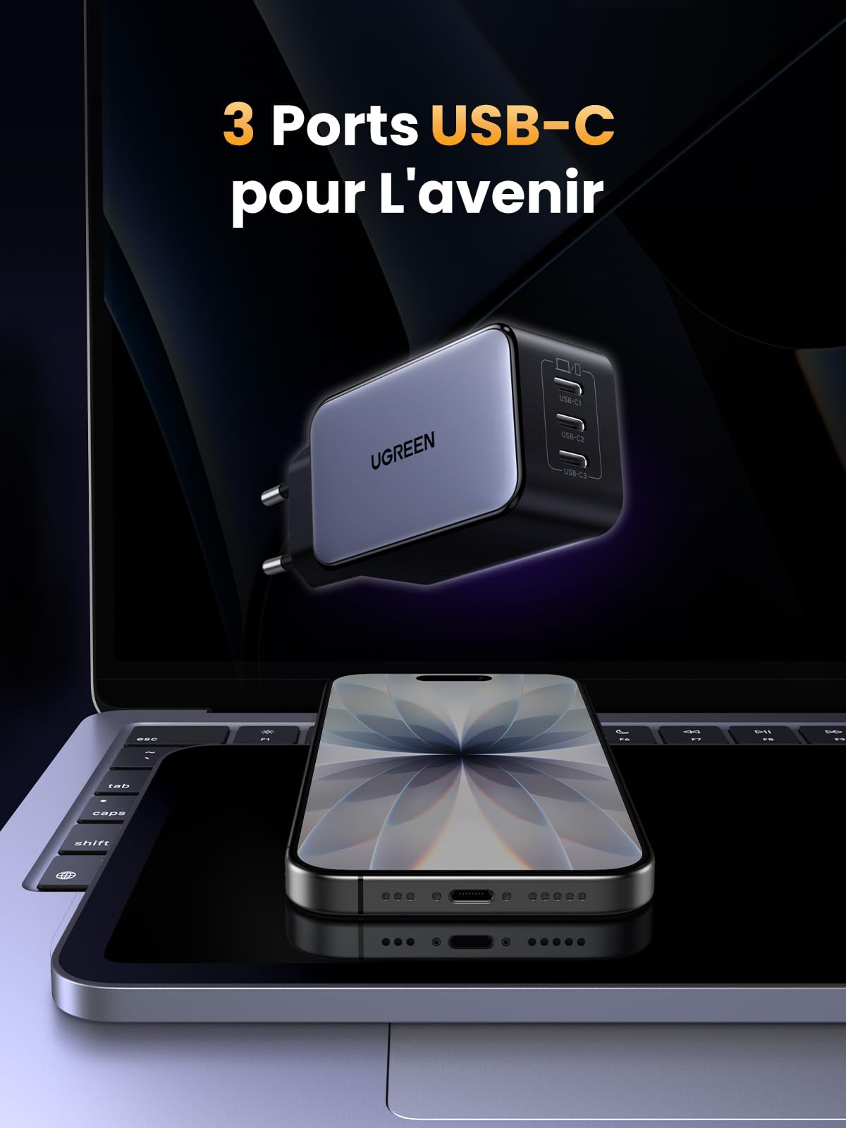 UGREEN Nexode 65W Prise Chargeur Triple USB C Charge Rapide Tech GaNInfinity Compatible avec iPhone 17 Pro Max Air 16 15 14 13 12 Galaxy PPS 45W S26 S25 S24 A15 iPad MacBook Neo Air Pro Pixel 10 9 8