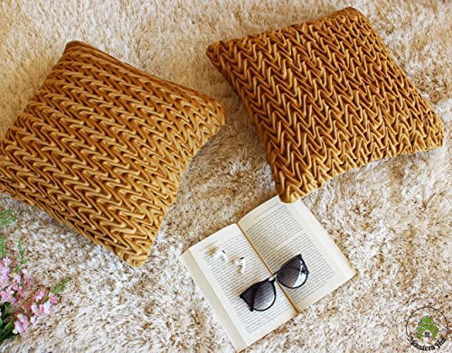 Image of Monstera Hut Corded Wavy Suede Mustard Cushion Cover Pack of 2, (Cushion Cover 16x16inch) (40.6 x 40.6 cm)