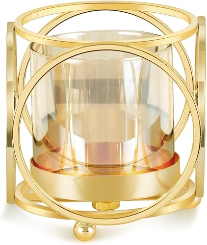 Miniatura 8 de Portavelas dorado con marco de metal, tapa de vidrio grueso resistente al viento y recortes geométricos para bodas, fiestas, decoración del hogar