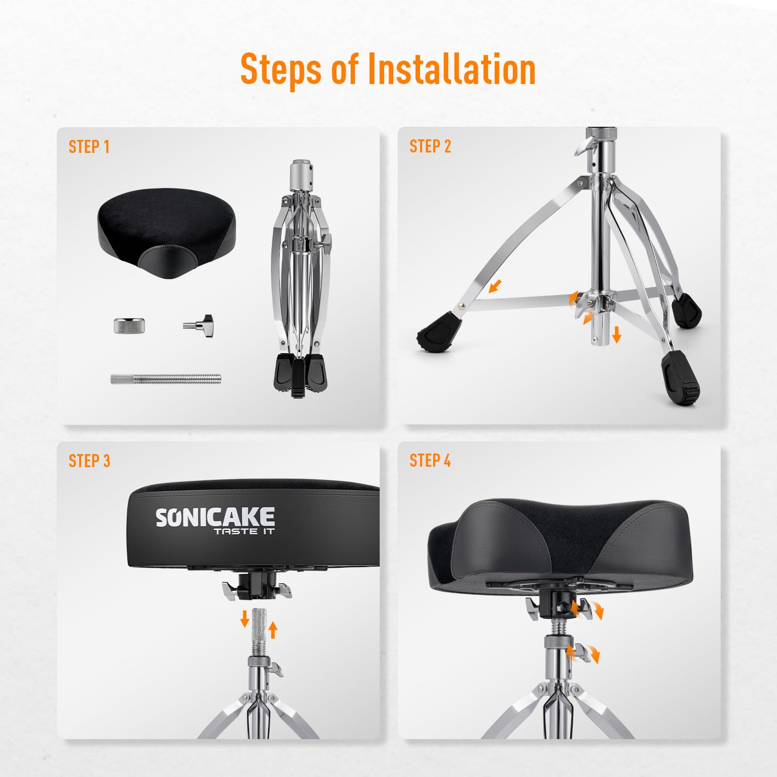 SONICAKE Tabouret de Batterie Selle Réglable en Hauteur de 46-64cm Noir