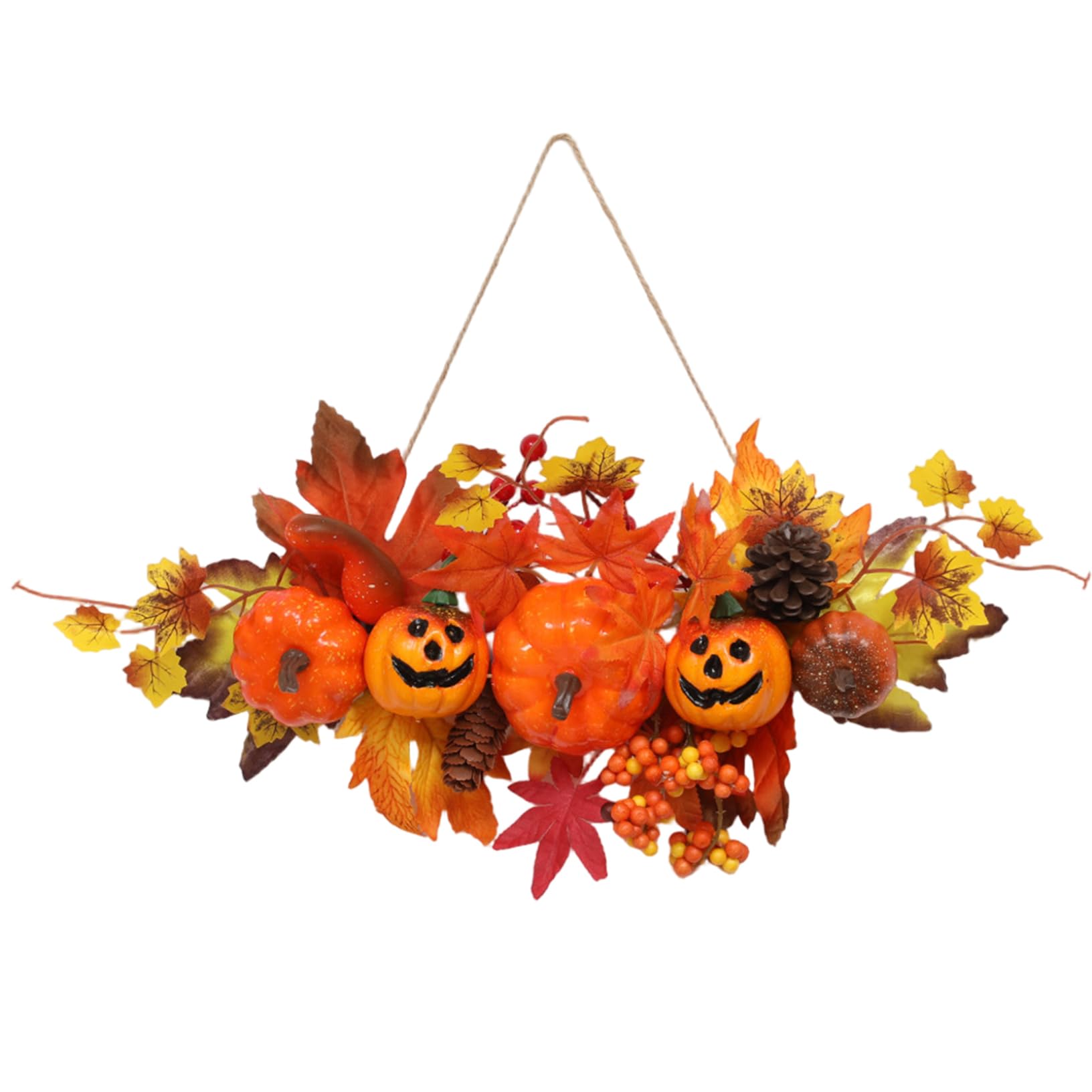 Grsrkep Fall Wreath Pumpkin Maple Leaf Halloween Wreath for Front Door with Hanging Rope for Thanksgiving Halloween Decorations