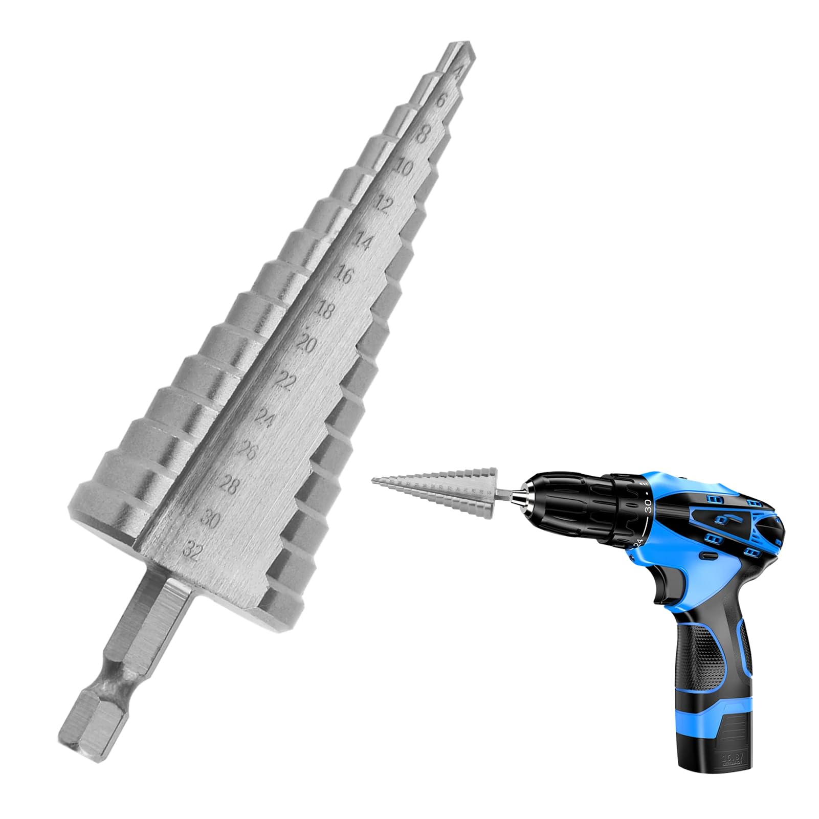 Set Punte a Gradini con Rivestimento in Titanio, 4-32mm, Acciaio ad Alta Velocità per Acciaio, Legno, Plastica, Ottone, Alluminio, PVC, Trapano a Punzatura Centrale Automatica