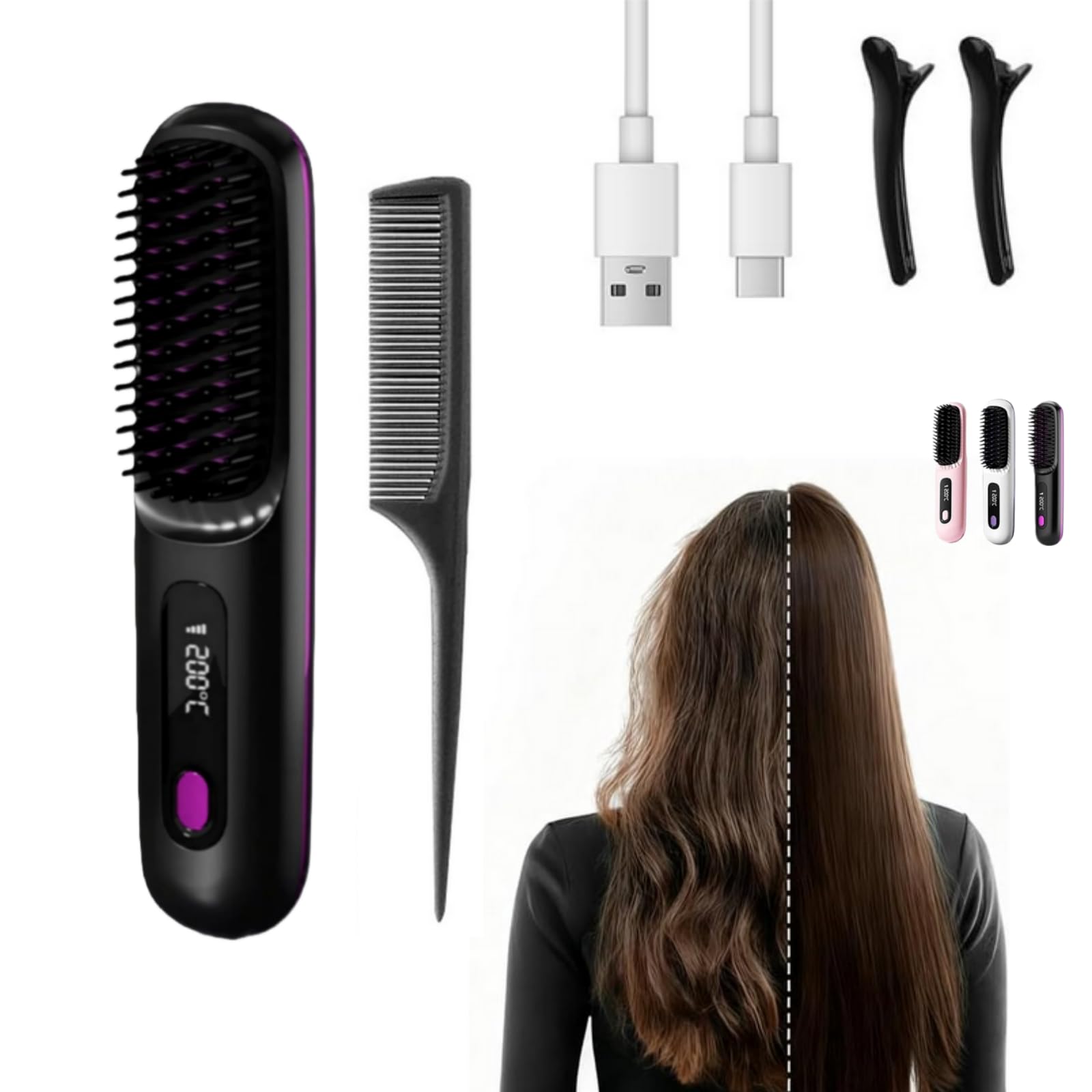 clinora Die ERSTE intelligente Syling-Bürste für kurzes Haar，Kabellose Glättbürste mit LED-Anzeige, 3 Temperaturstufen tragbare, wiederaufladbare Bürste Für Glätten und Locken