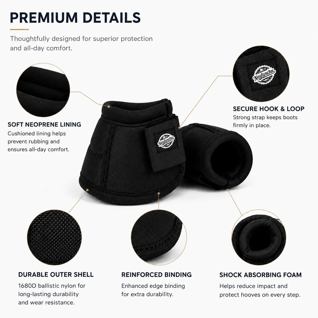 Botas de campana protectoras para caballo, botas protectoras de pezuña que absorben los golpes con cierre antigiro, protección óptima, duraderas y cómodas, gancho y bucle de envoltura rápida