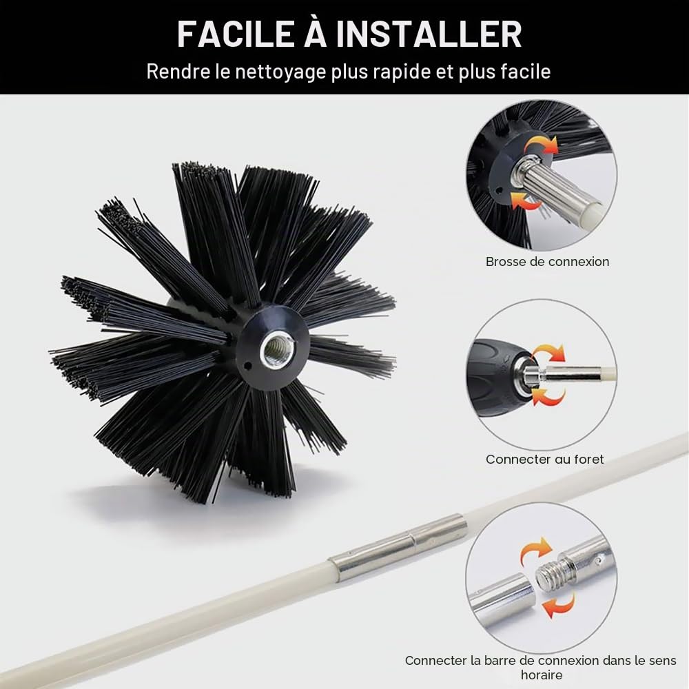 Hérisson ramonage, 17 pièces de Nettoyage de conduits daération | Avec 12 tiges de 41 cm, 3 têtes de Brosse de 10cm/15cm/20cm, a Tige hexagonale de 4,5 cm, a Brosse à Manche en Bois de 38 cm