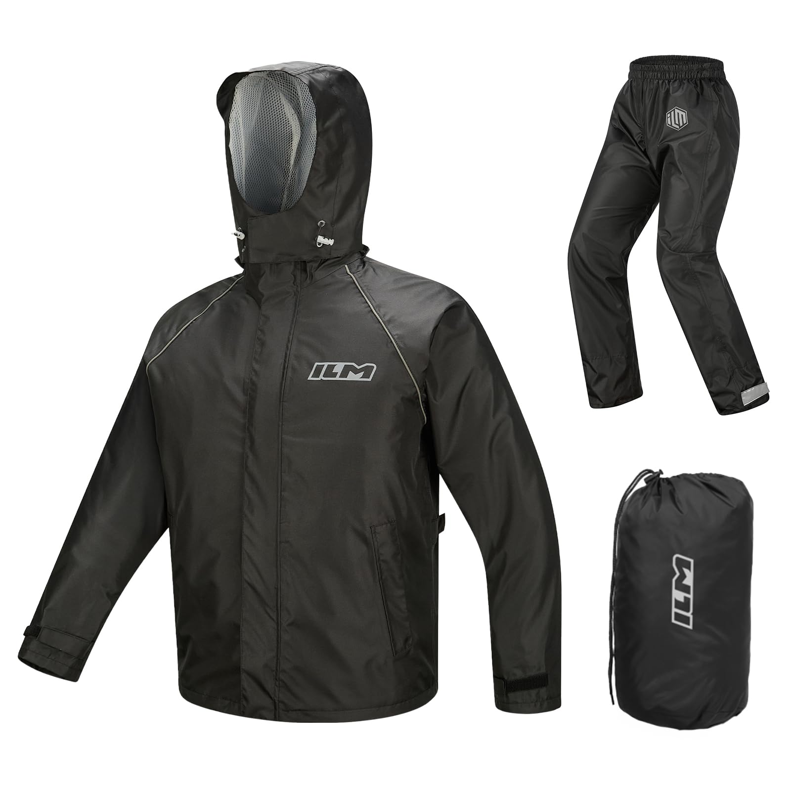 ILM Regenpak Heren Vrouwen 2-Delige Set Waterdichte Regenjas Regenbroek Reflecterend Verborgen Schoenovertrek voor Motorfiets Fiets Vissen Wandelen Camping Model RS03,Zwart,M