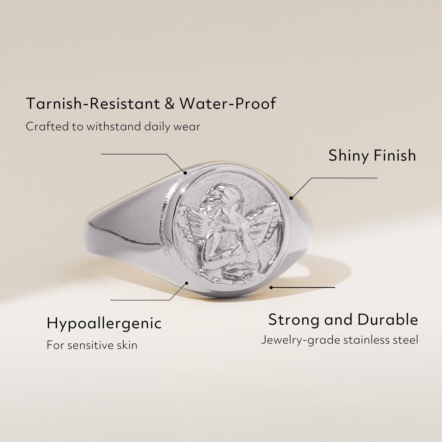 Anillo de oro grueso apilable para mujeres y hombres, querubín de ángel de la guarda, resistente al deslustre, acero inoxidable chapado en oro de 18 quilates, tamaño 3, 4, 5, 6, 7, 8, 9, 10, 3