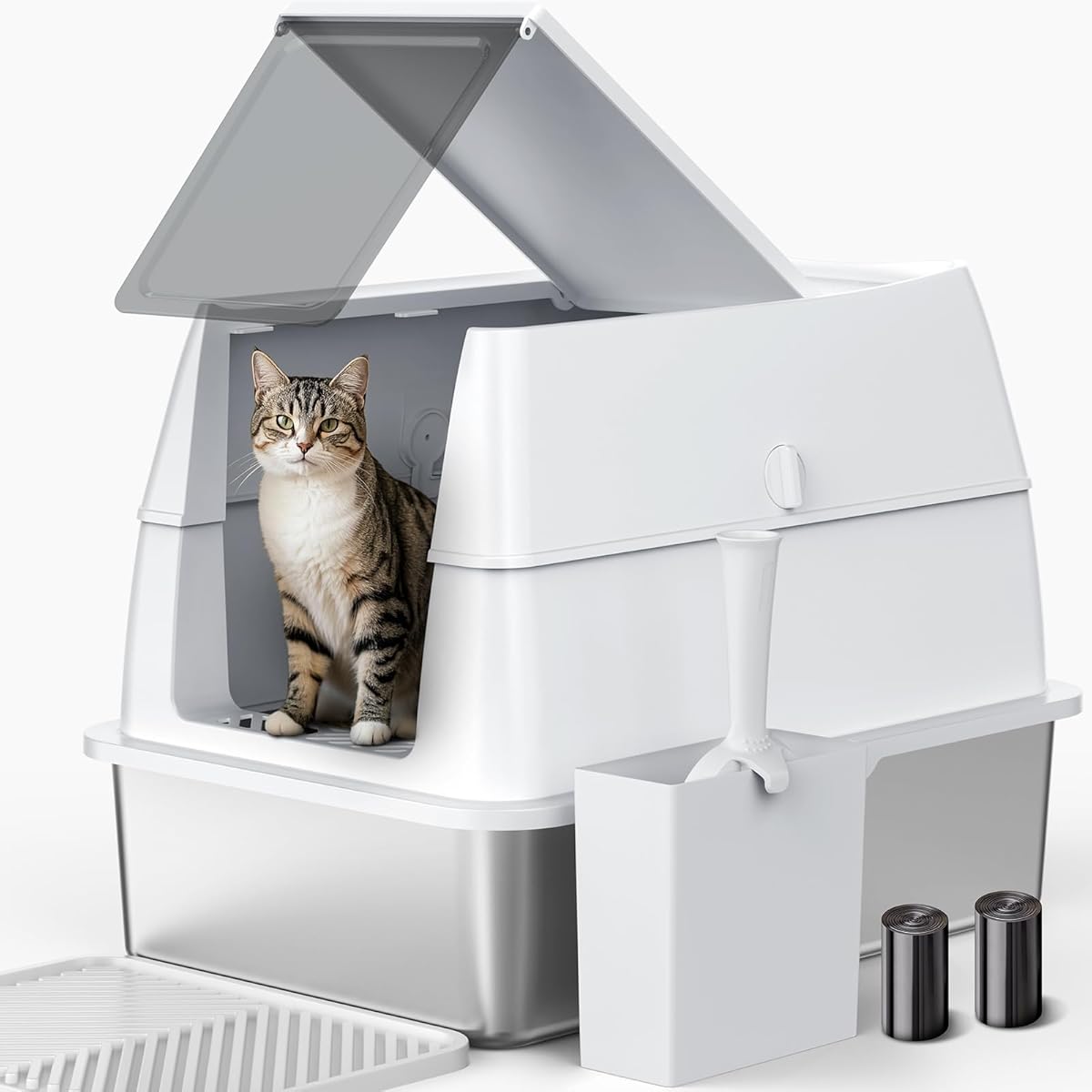 Litiere INOX XXL, Bac Litiere pour Chat, en Acier Inoxydable, avec Couvercle Basculant,Design Étanche, Pelle à litière pour Chat, poubelleet et Tapis, Convient pour Les Grands Chats/Plusieurs Chats