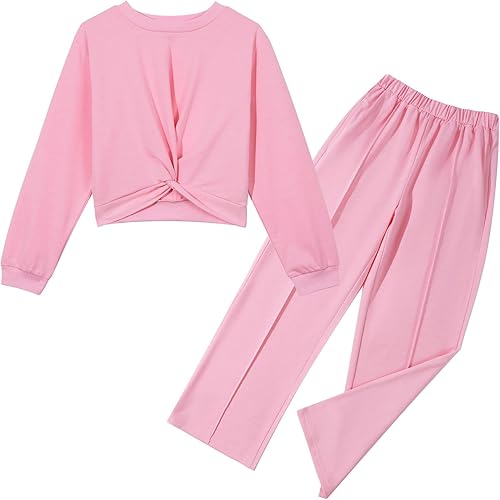 Zupora Girls Fall Outfits 2 Piece Sweatsuit Twist Front Pullover Sweatshirt Wide Leg Sweatpants Tracksuit Kid Clothing Set
