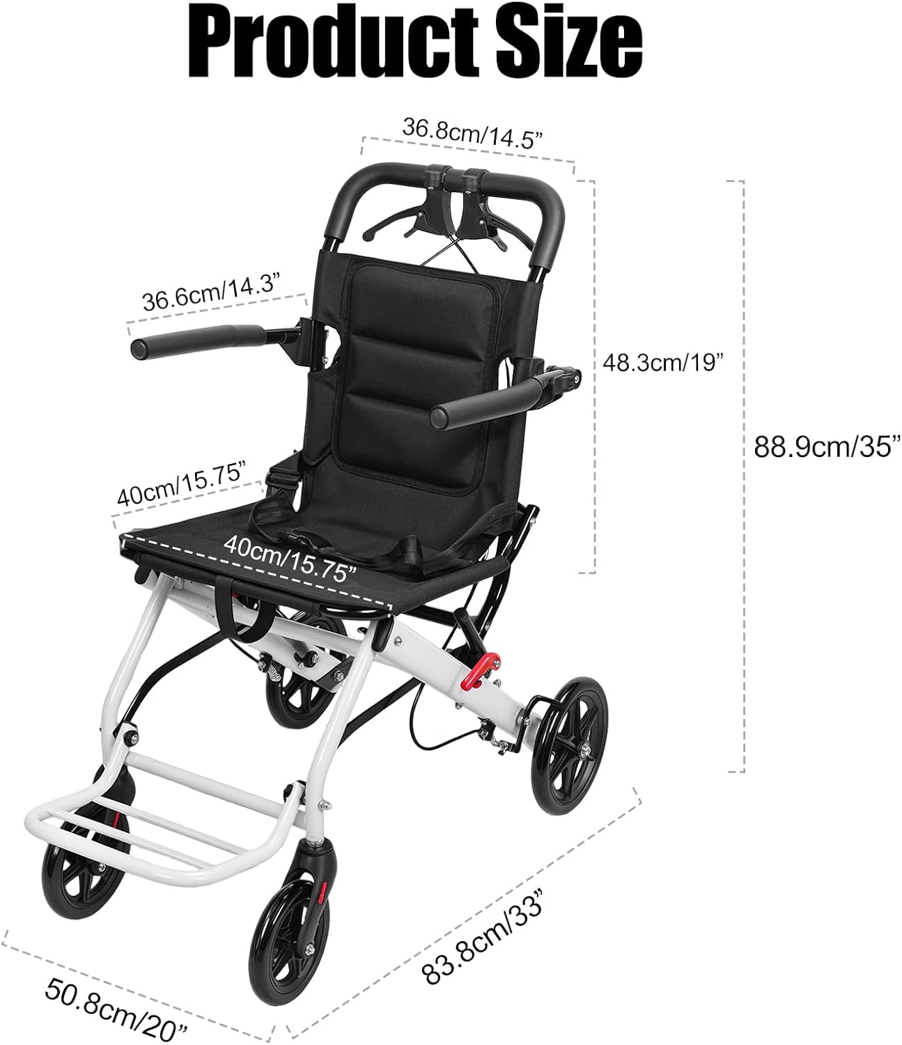 Folding Wheelchair, Lightweight Portable Transit Travel Chair for Adults Ergonomic Design (15.75-inch-Wide seat-Black)