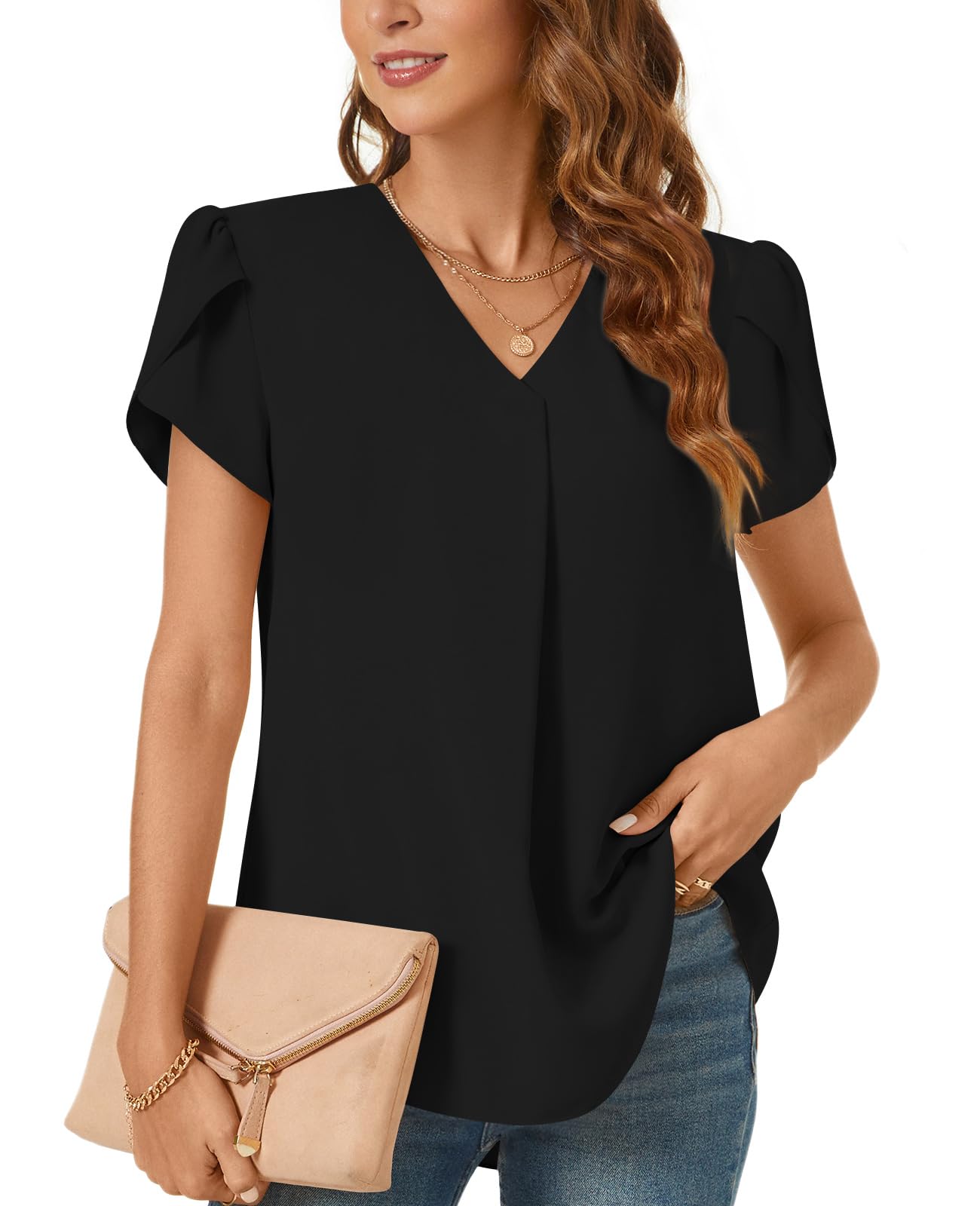 View 1 of ** needs cleaning**Bestbee Womens Dressy Chiffon Blouses V Neck Tops Tee Cute 2025 Summer Shirts Petal Short Sleeve Casual T-Shirts, L, Black