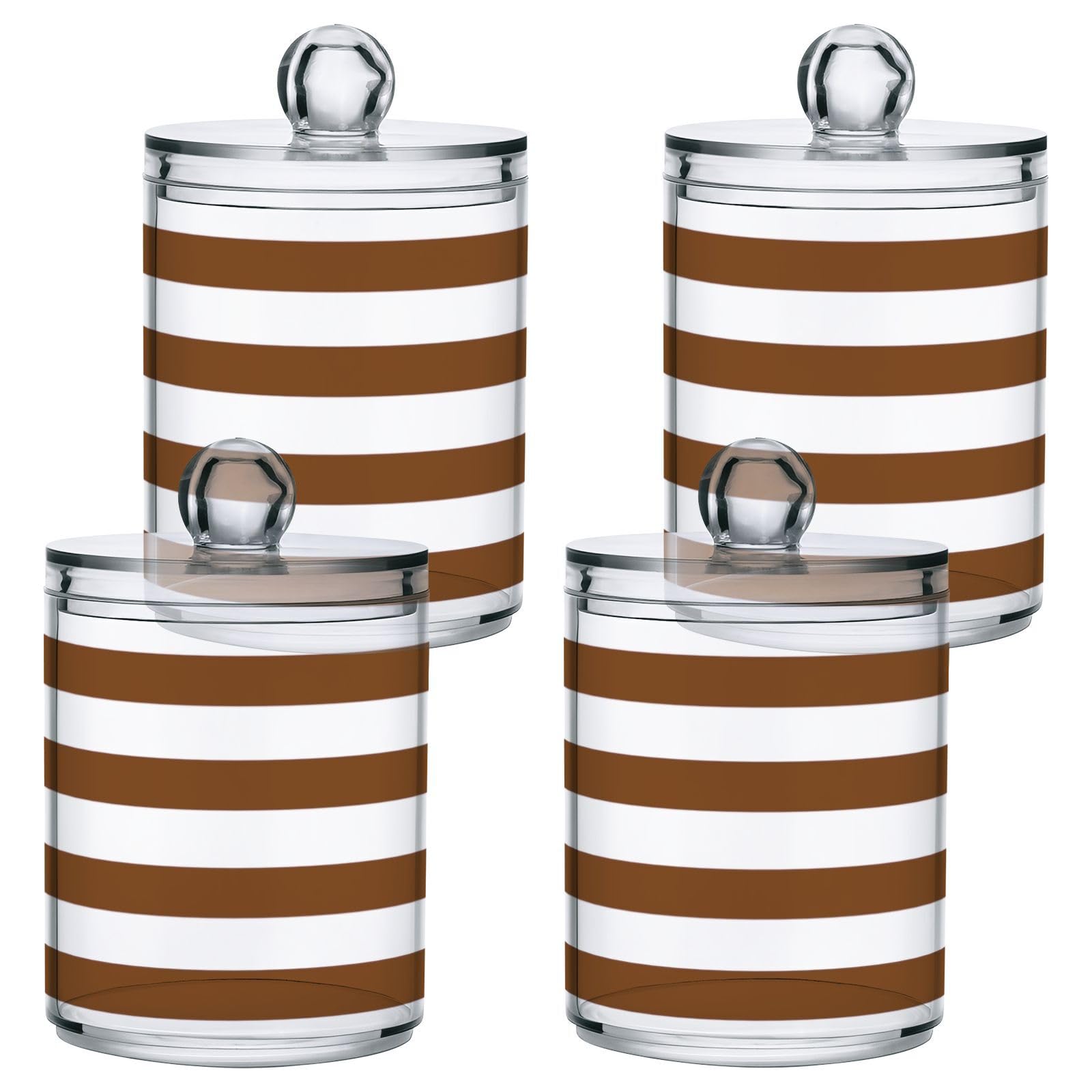 FLildon Brown White Stripes Qtip Holder Dispenser, Bathroom Organizer and Storage Containers, 2Pack Clear Plastic Apothecary Jars with Lids for Cotton Ball, Cotton Swab, Floss