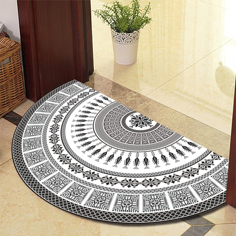 Eseriallen Half Round Door Mat Indoor Entrance Washable Half Circle Area Rugs Boho Mandala Non Slip Black light gray 625-16 70cm X 120cm