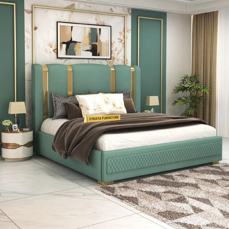 Image of STRATA FURNITURE Solid Wood King Size Bed with Box Storage and Upholstered Headboard | Modern Wooden Double Bed Cot Palang Furniture for Bedroom, Hotels, Living Room, and Home (Greendust)