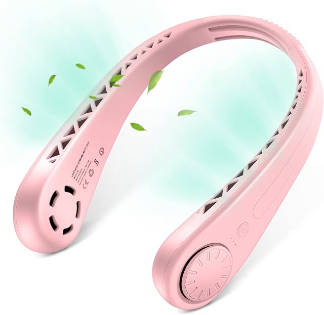 akface Neck Fan Bladeless Rechargeable, Hands Free USB Fan Headphones For Women, 3 Speeds Personal Cooling Wearable Neckband Fan Pink