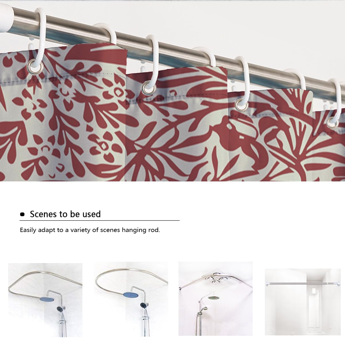 Rideaux Douche Rouge et crème Motifs Floraux et Fruits décoration Salle Bain Rideau Bain en Tissu Polyester étanche Classique et Romantique avec Crochets W150xL200 cm