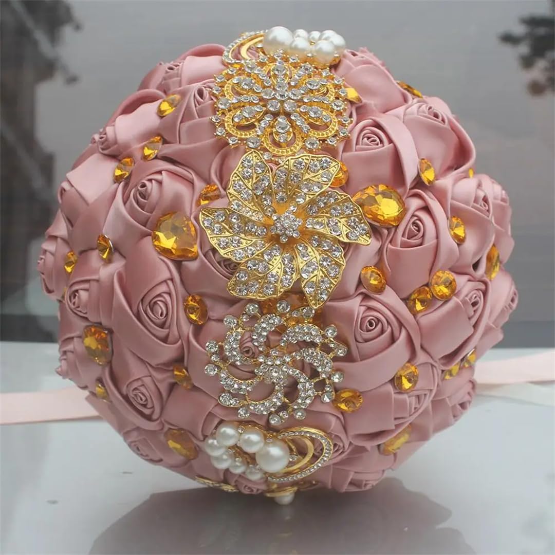 HJRegaFimu Gold Brooch Hand Holding Flower Bouquets Bridal Bridesmaid Crystal Silk Wedding Bouquet 18cm Light En8