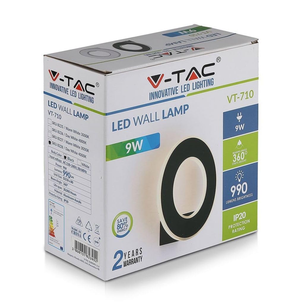 V-TAC Lámpara de Pared LED 9 W, Wall Light Circular, Negro