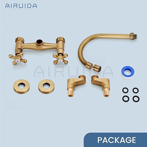 Vista 43 de Airuida Grifo de cocina de montaje en pared con rociador, grifo de fregadero de cocina montado en la pared, asas dobles cruzadas, boquilla giratoria